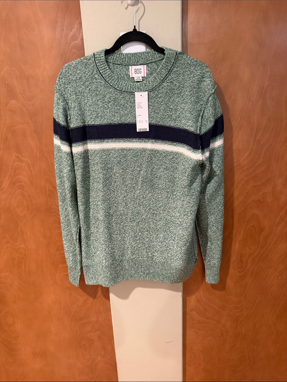 BDG Green Crewneck Sweater with Navy and White Chest Stripes